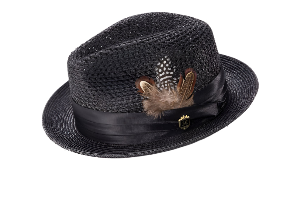 Black Solid Color Pinch Braided Fedora With Matching Satin Ribbon