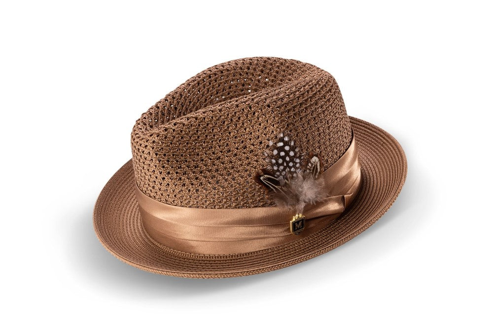 Cappuccino Solid Color Pinch Braided Fedora With Matching Satin Ribbon