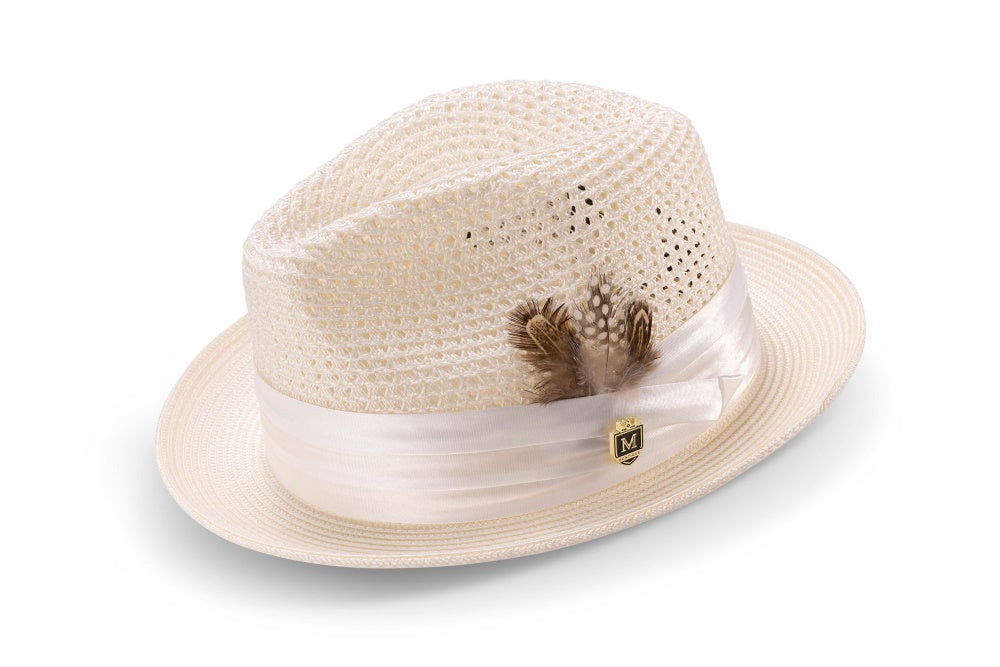 Ivory Solid Color Pinch Braided Fedora With Matching Satin Ribbon