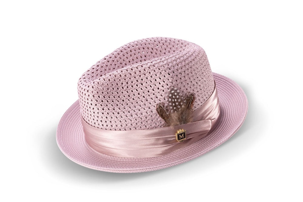 Mauve Solid Color Pinch Braided Fedora With Matching Satin Ribbon