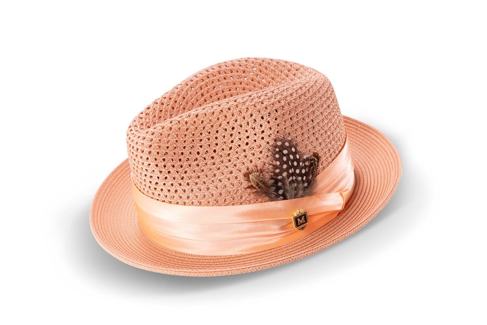 Peach Solid Color Pinch Braided Fedora With Matching Satin Ribbon
