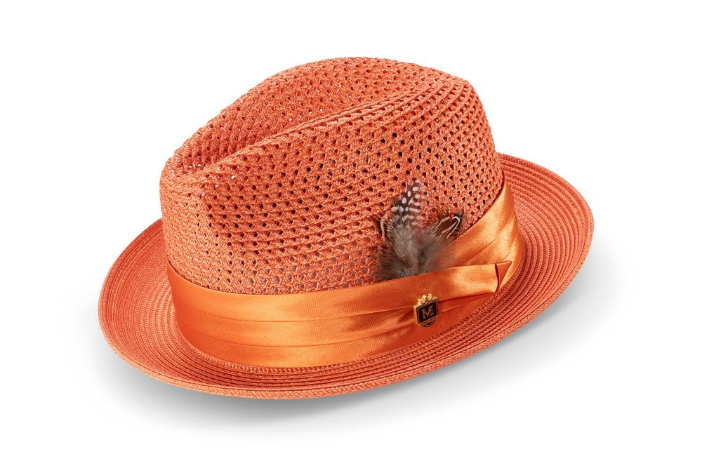 Salmon Solid Color Pinch Braided Fedora With Matching Satin Ribbon