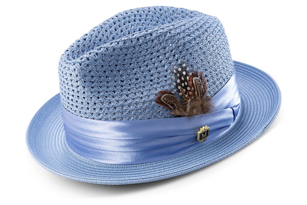 Montique Chambray solid fedora hat, featuring a pinched crown, braided detail, and a matching satin ribbon.