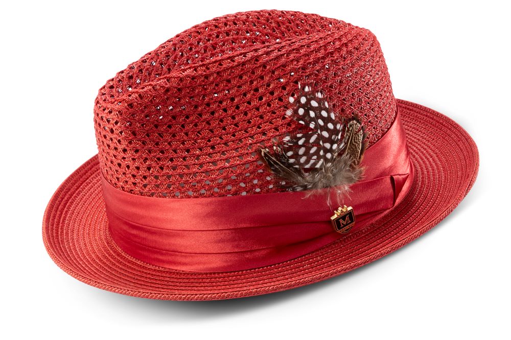 A solid Crimson color pinch braided fedora hat by Montique, with a matching satin ribbon.