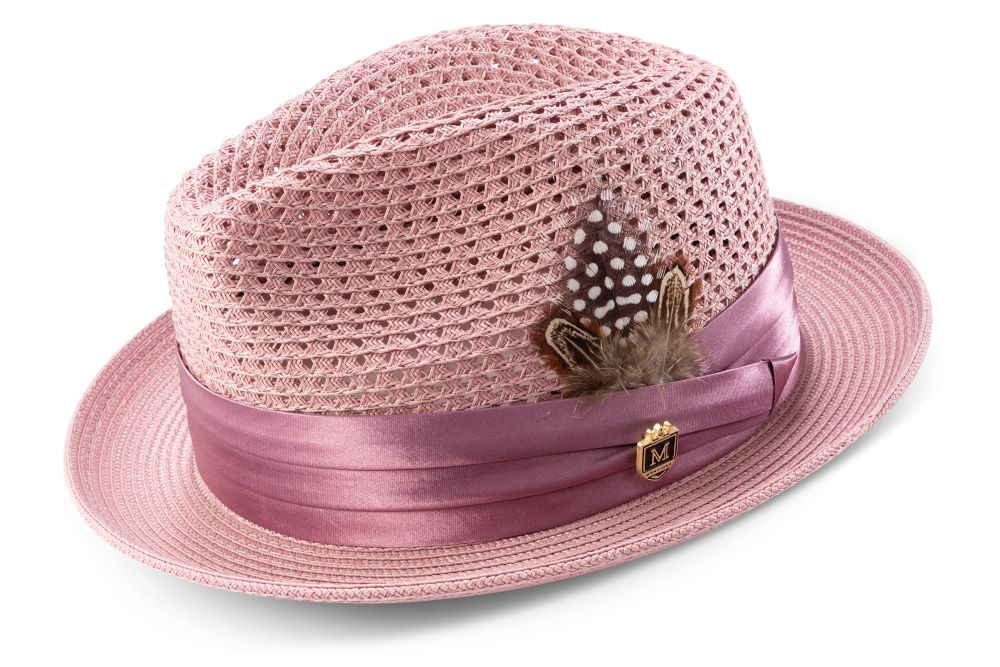Montique Rose solid color pinch braided fedora hat featuring a matching satin ribbon.