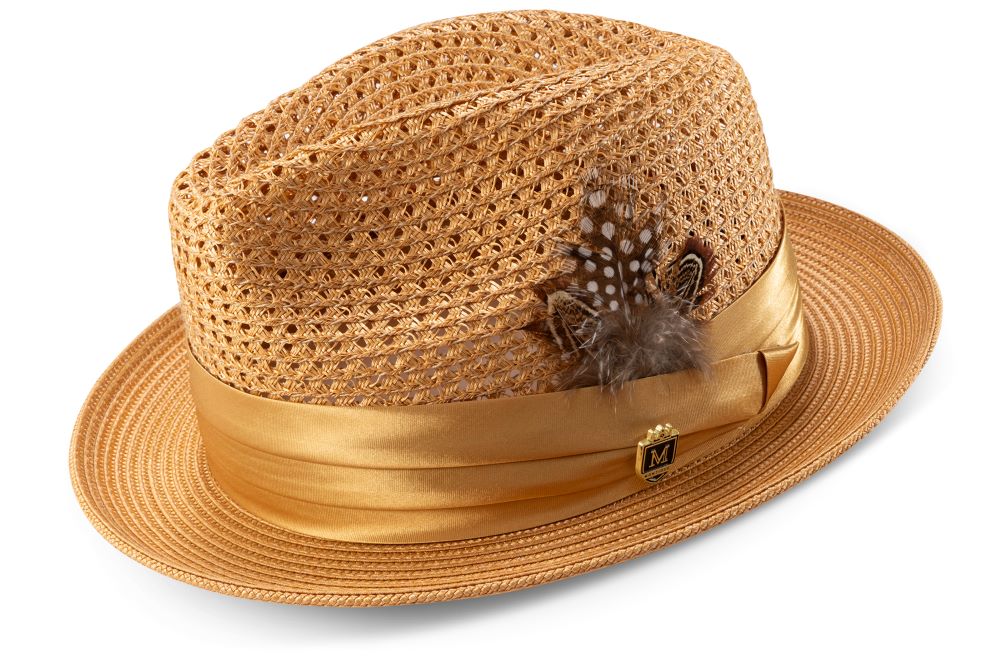 Tan solid color pinch braided fedora with a matching satin ribbon, displayed on a white background.