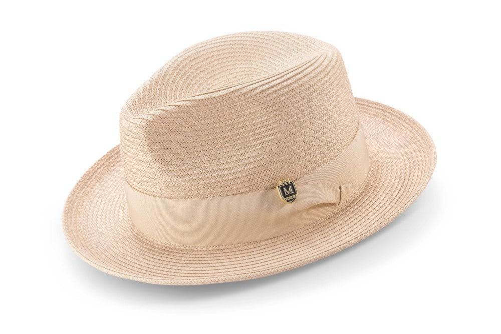 Beige Braided Wide Brim Pinch Fedora Matching Grosgrain Ribbon