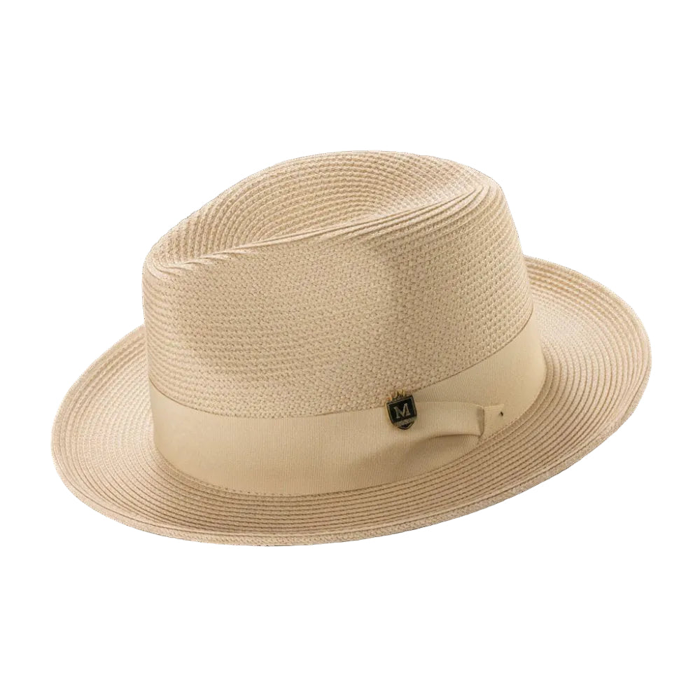 Beige Braided Wide Brim Pinch Fedora Matching Grosgrain Ribbon