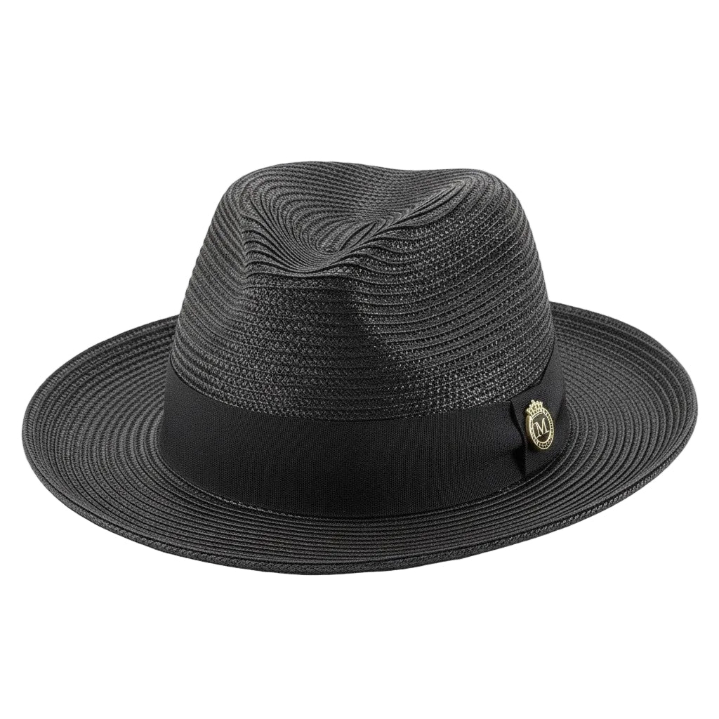 Black straw hat with a brand logo on a white background