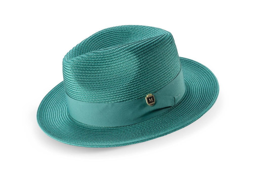 Emerald Green Braided Wide Brim Pinch Fedora Matching Grosgrain Ribbon