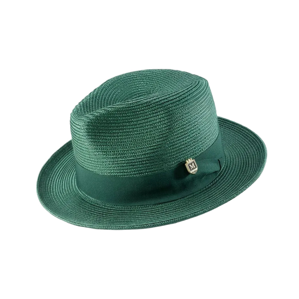 Emerald Green Braided Wide Brim Pinch Fedora Matching Grosgrain Ribbon