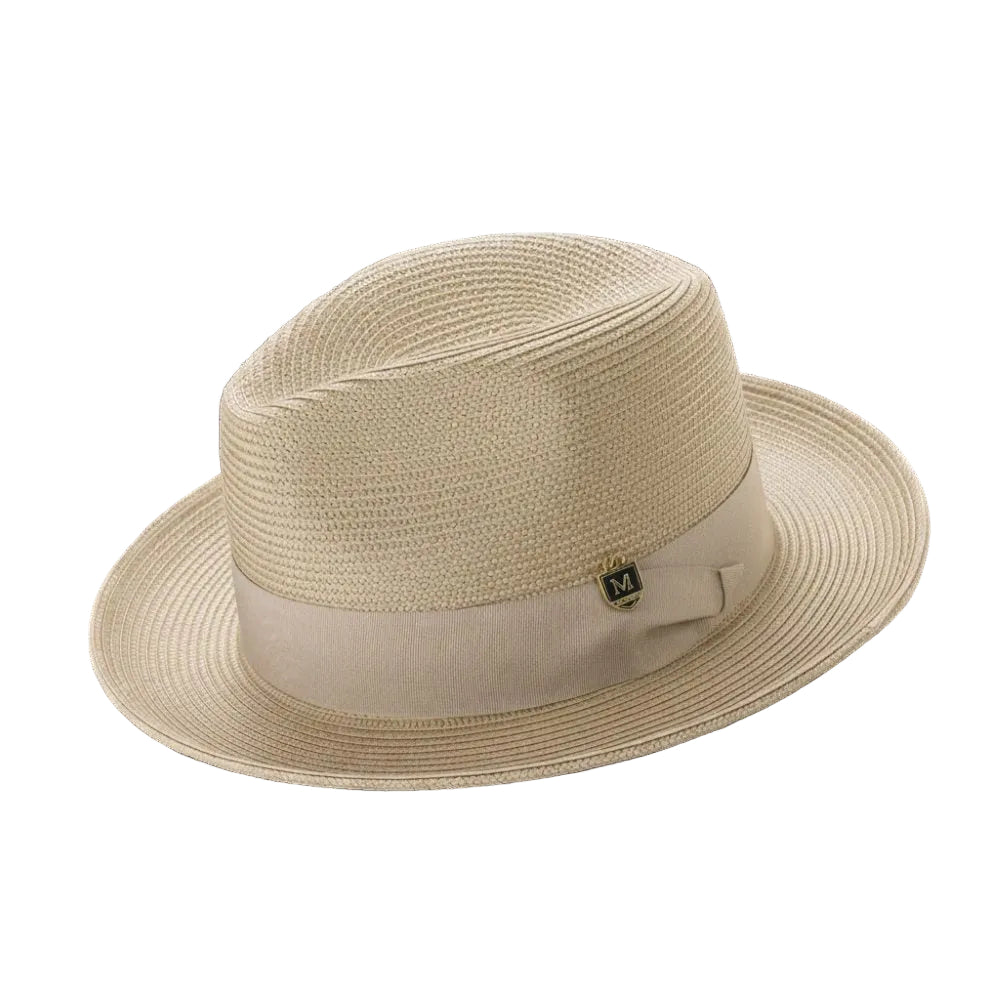 Khaki Braided Wide Brim Pinch Fedora Matching Grosgrain Ribbon