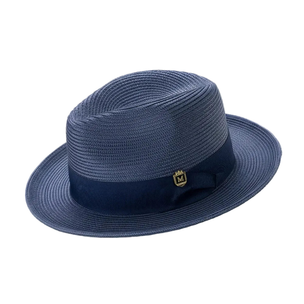 Navy Braided Wide Brim Pinch Fedora Matching Grosgrain Ribbon