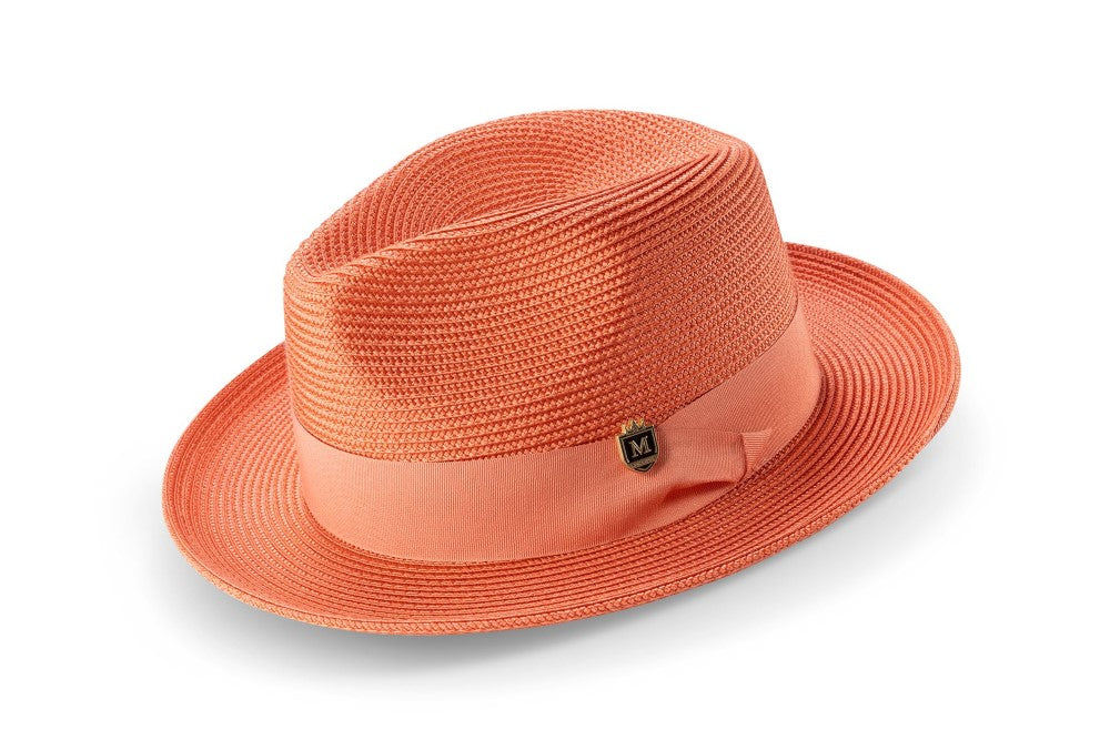 Salmon Braided Wide Brim Pinch Fedora Matching Grosgrain Ribbon