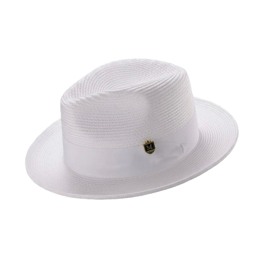 White Braided Wide Brim Pinch Fedora Matching Grosgrain Ribbon