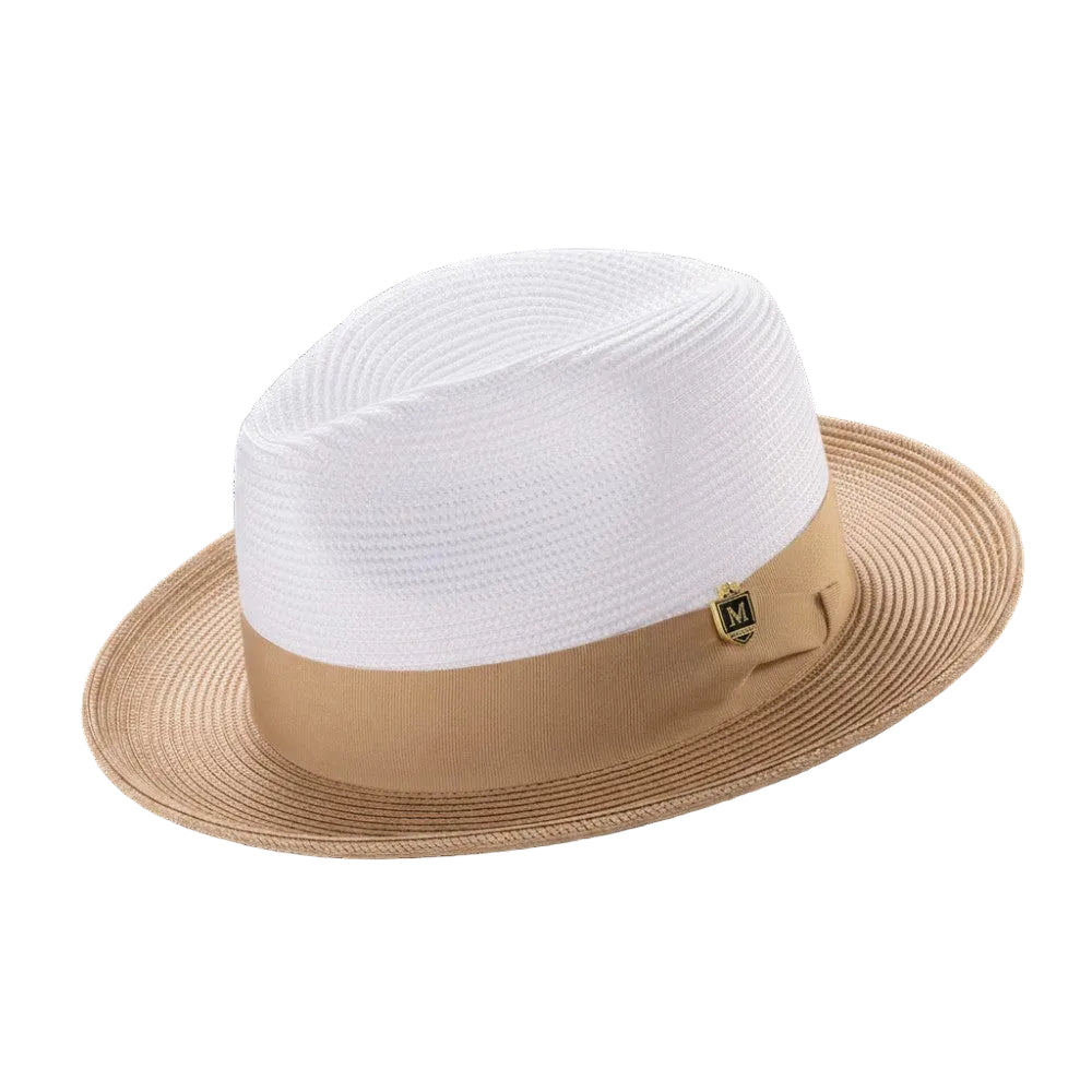 Camel Two-Tone Wide Brim Matching Grosgrain Ribbon Straw Fedora