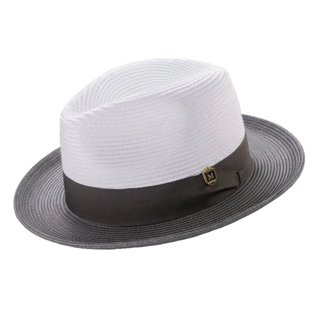 Gray Two-Tone Wide Brim Matching Grosgrain Ribbon Straw Fedora