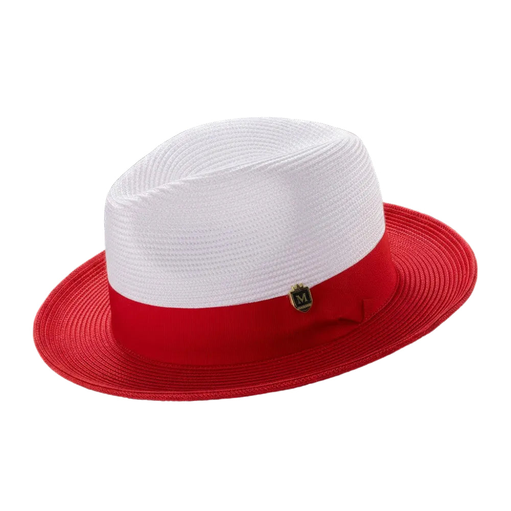 Red Two-Tone Wide Brim Matching Grosgrain Ribbon Straw Fedora