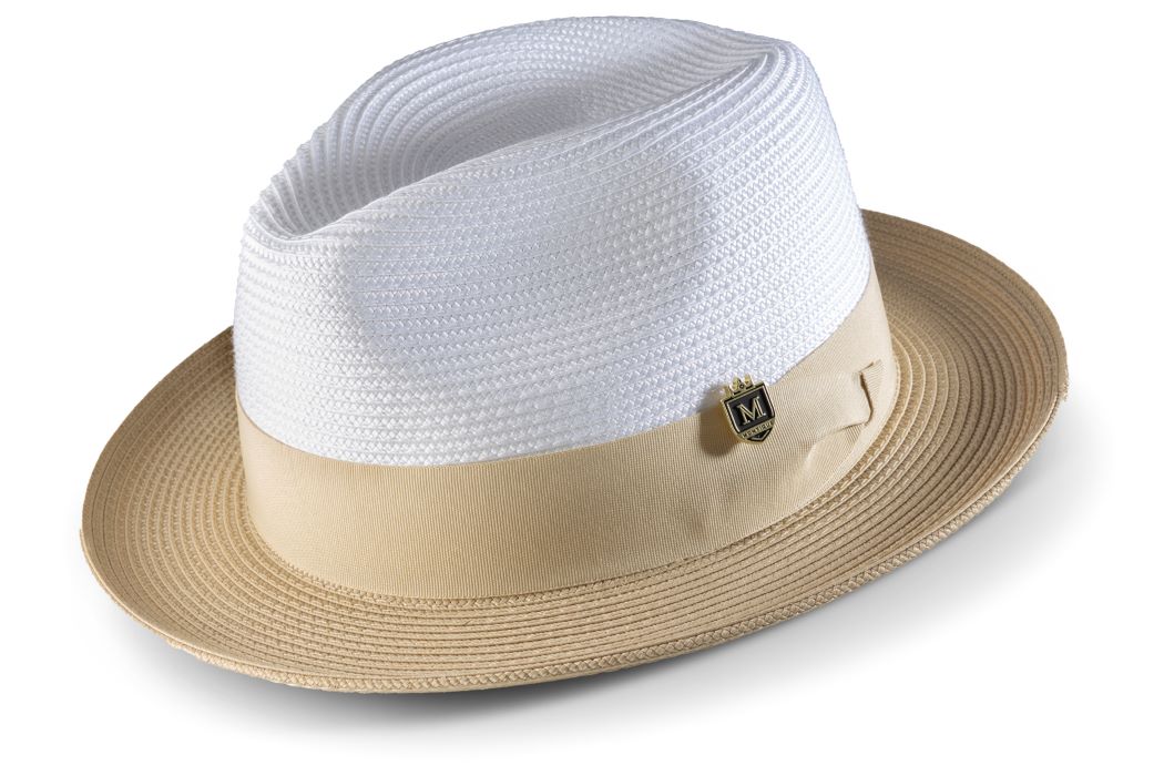 Beige Two-tone Wide Brim Matching Grosgrain Ribbon Straw Fedora 