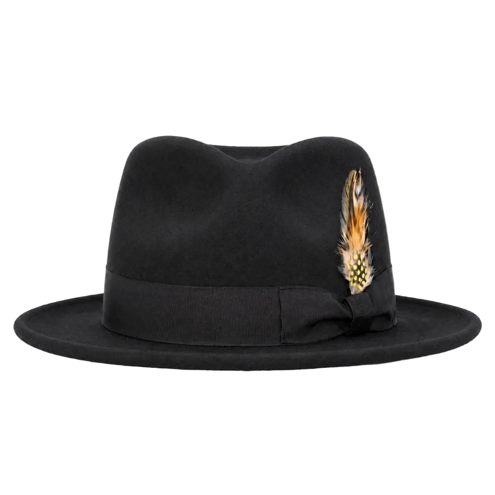 A black felt fedora hat with a matching black ribbon band and a decorative feather accent on the side, photographed against a plain white background.
