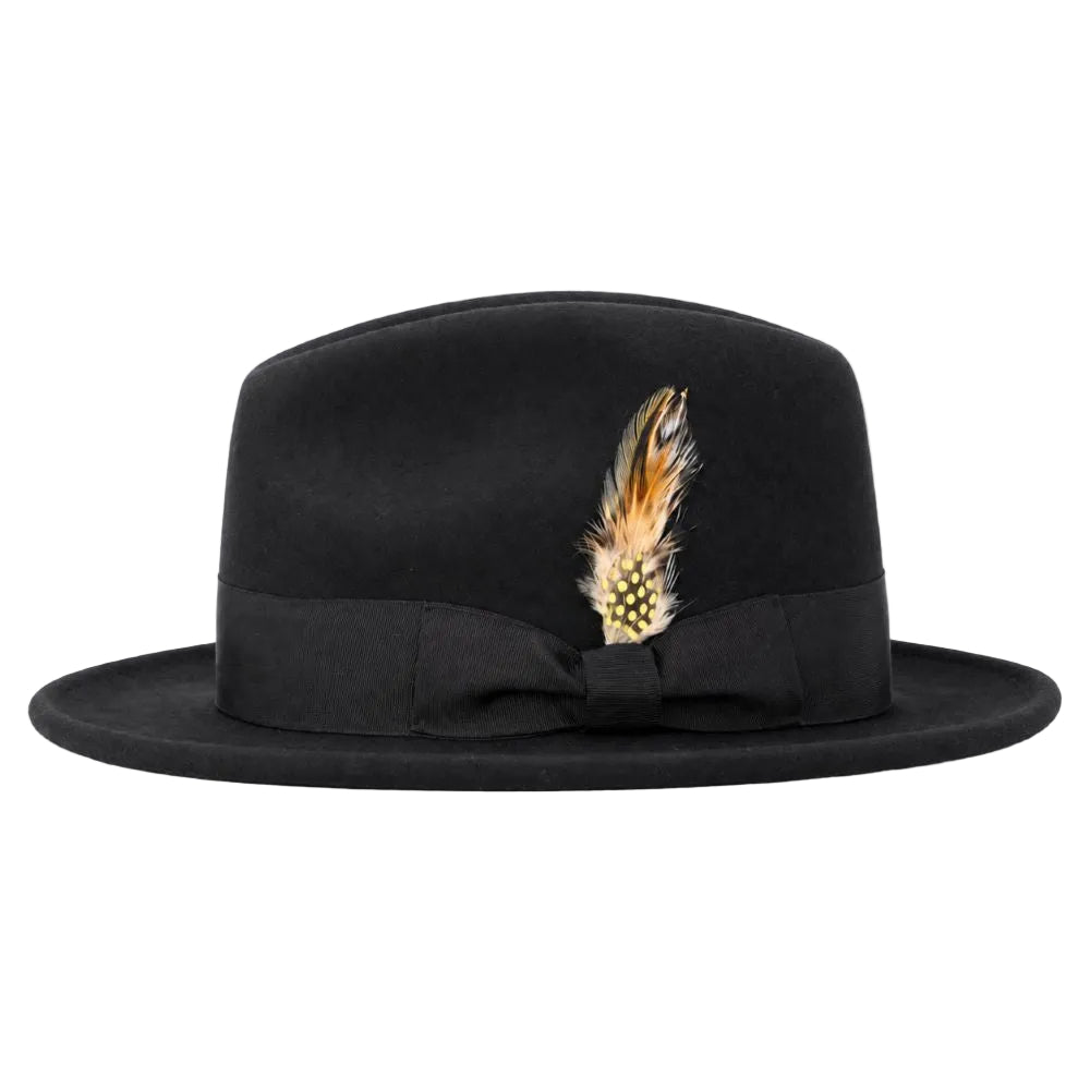 A black felt fedora hat with a matching black ribbon band and bow, decorated with a brown and gold feather on the front, set against a plain white background.