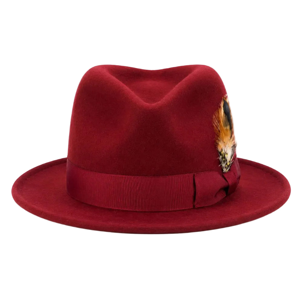 A deep red felt fedora hat with a matching red ribbon band and a decorative feather accent on the side, shown against a plain white background.