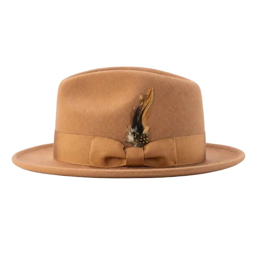 A tan felt fedora hat with a matching grosgrain ribbon band and bow, decorated with a small feather accent, shown against a plain white background.