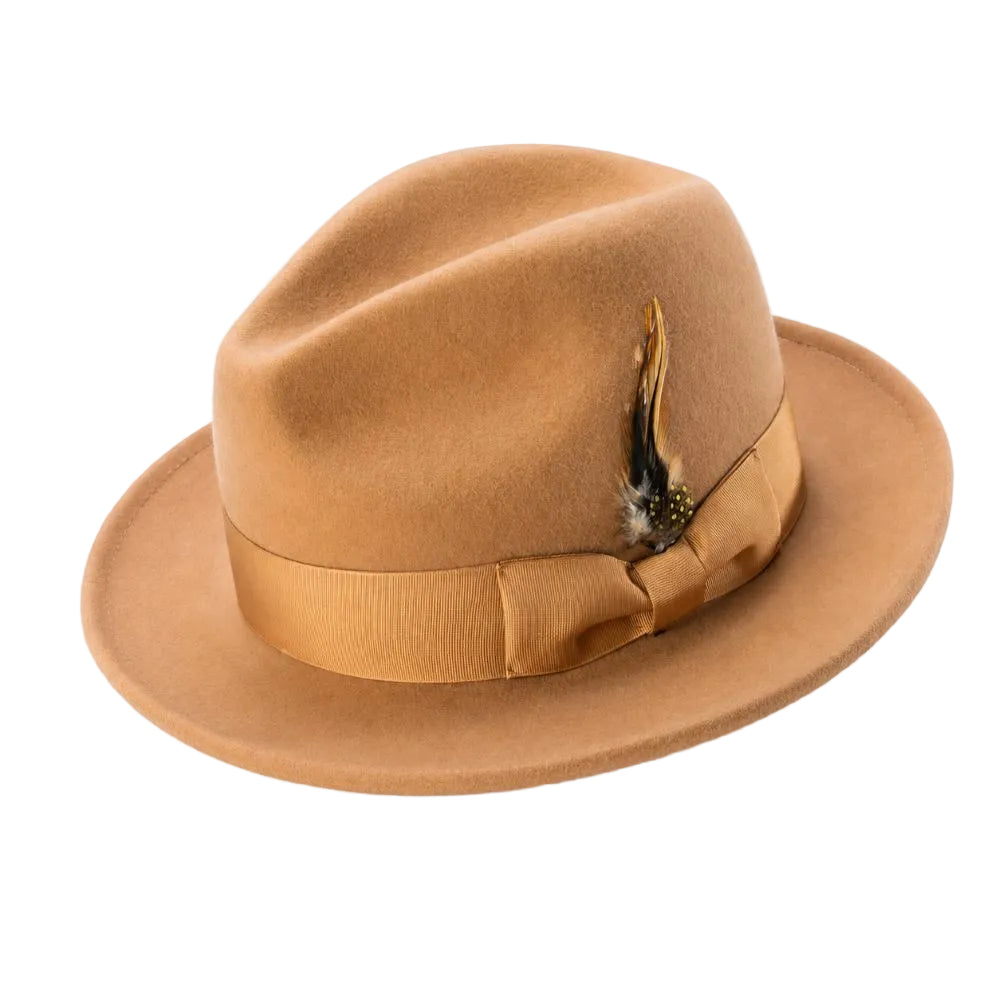 Wool Felt Wide Brim Pinch Crown Fedora - Camel