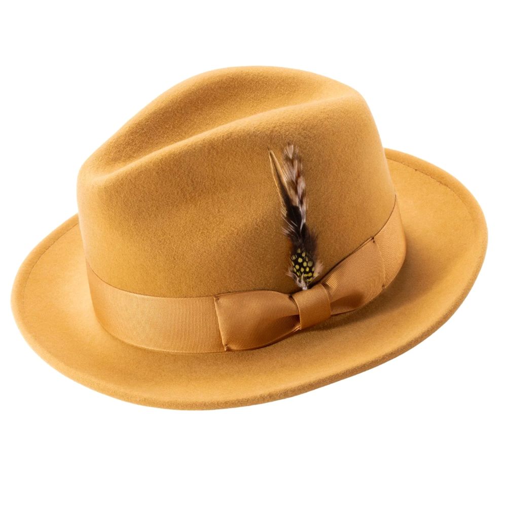 Wool Felt Fedora Pinch Front with Feather Accent in Gold