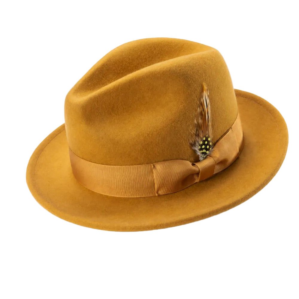 Wool Felt Wide Brim Pinch Crown Fedora - Gold