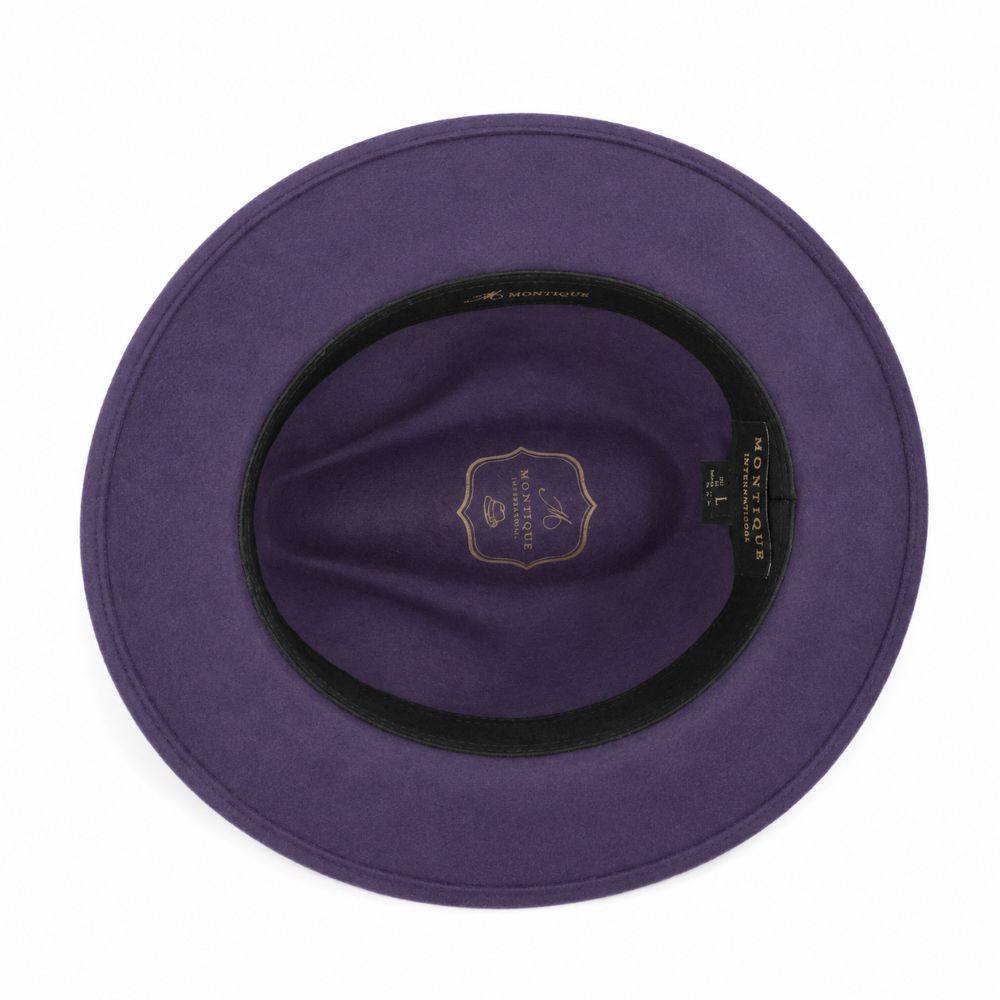 Interior view of grape wool felt wide-brim fedora with black sweatband and gold logo