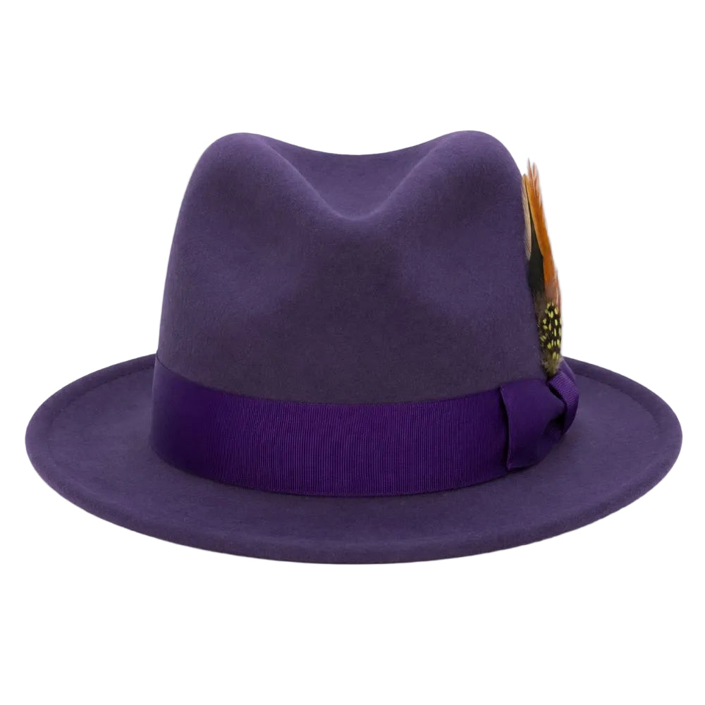 A purple felt fedora hat with a matching purple ribbon band and a decorative feather accent on the side, photographed against a plain white background.