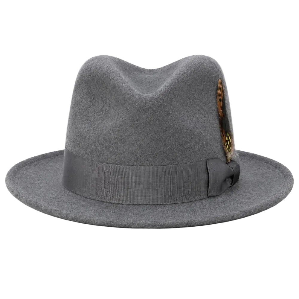 A gray felt fedora hat with a matching gray ribbon band and bow, featuring a small decorative feather accent on the side, photographed against a plain white background.