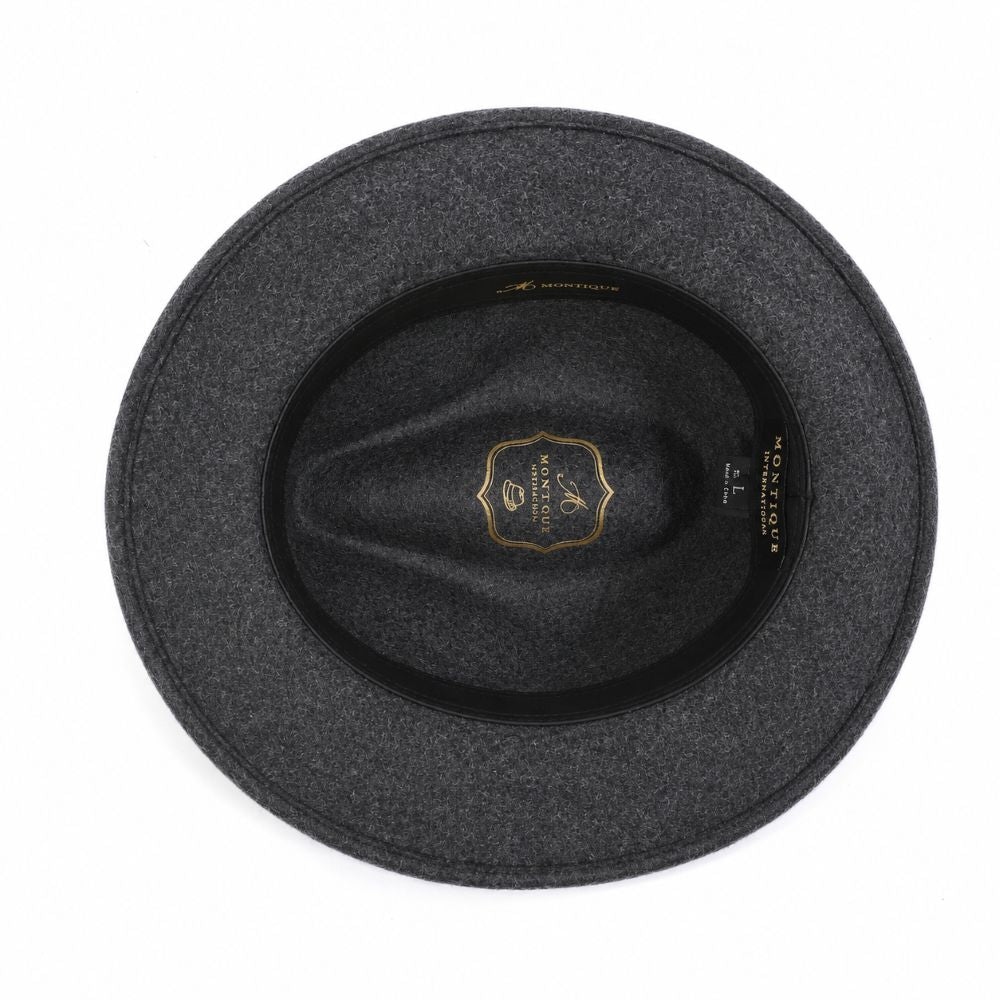 Interior view of heather black wool felt wide-brim fedora with black sweatband and gold logo