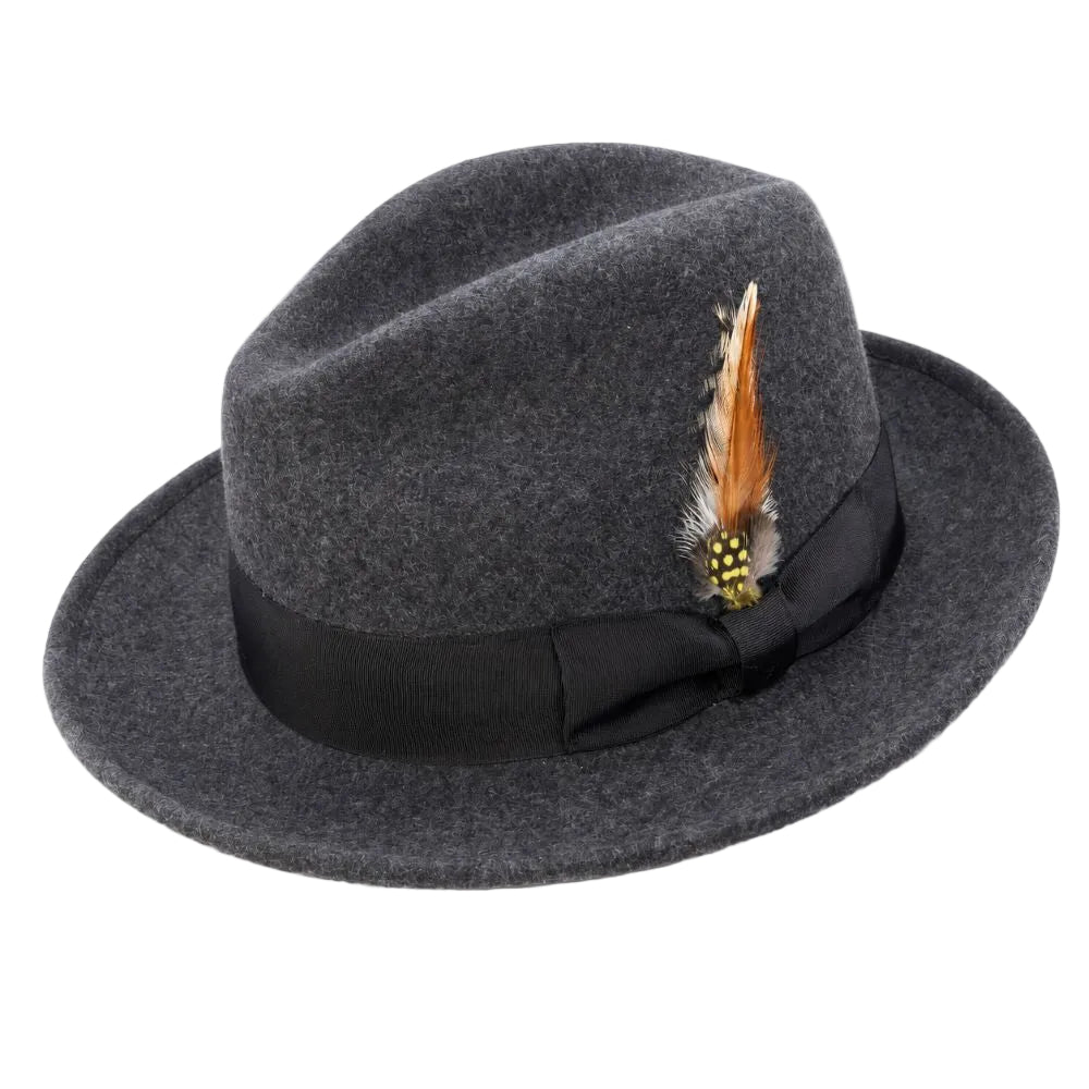 Wool Felt Wide Brim Pinch Crown Fedora - Heather Black