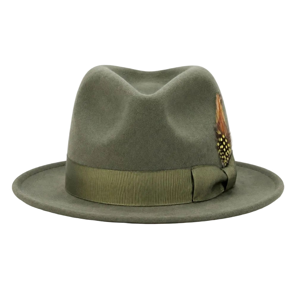 An olive green felt fedora hat with a matching ribbed band and a decorative feather accent on the side, shown against a plain white background.