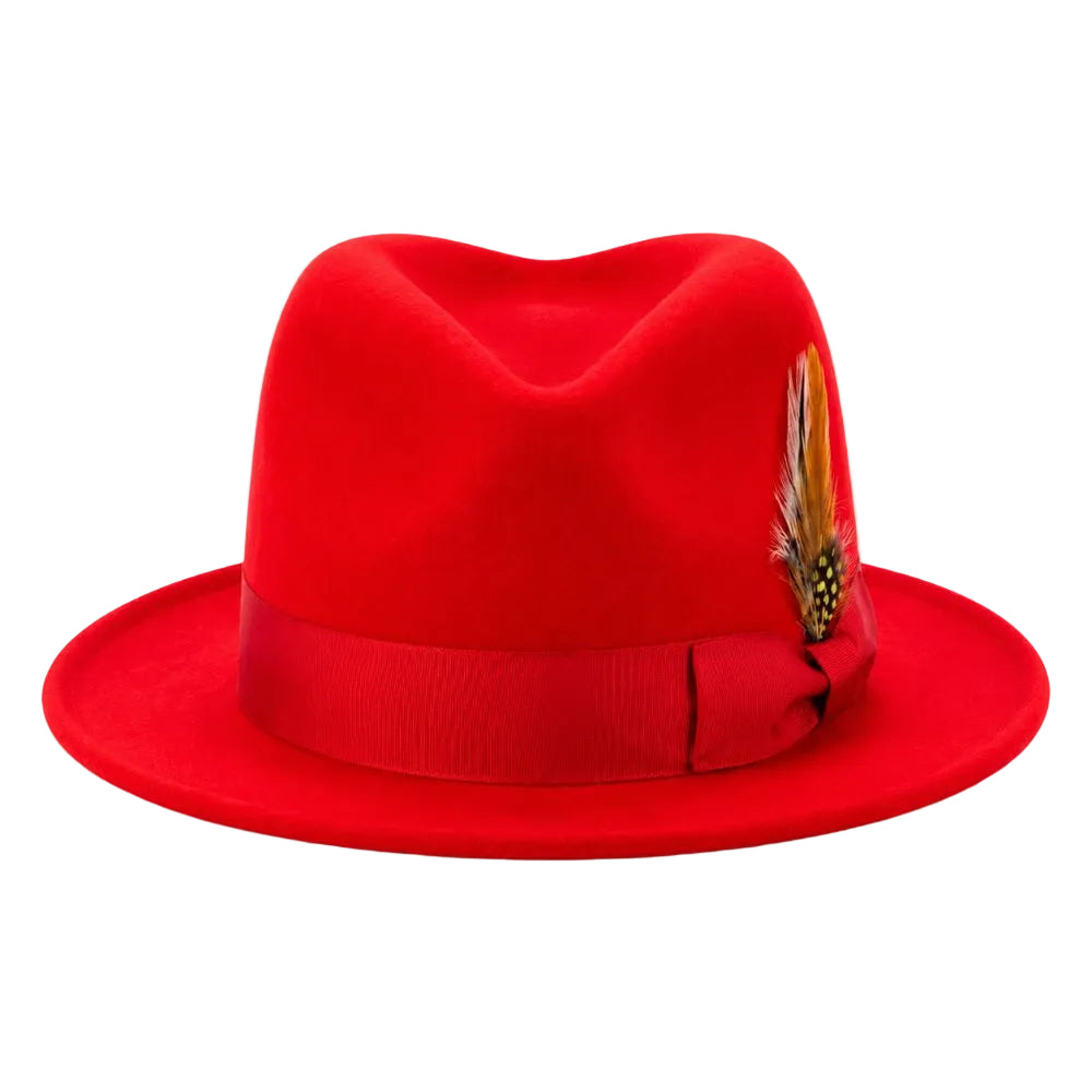 A bright red felt fedora hat with a matching red ribbon band and a decorative feather accent on the side, photographed against a plain white background.