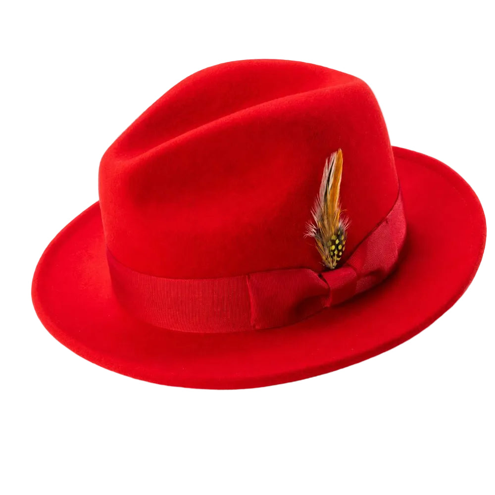 Wool Felt Fedora Pinch Front with Feather Accent in Red