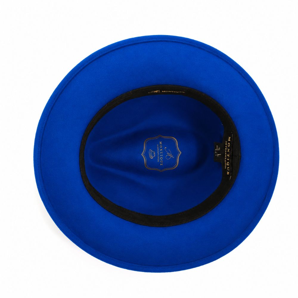 Interior view of royal blue wool felt pinch-front fedora with black sweatband and gold logo
