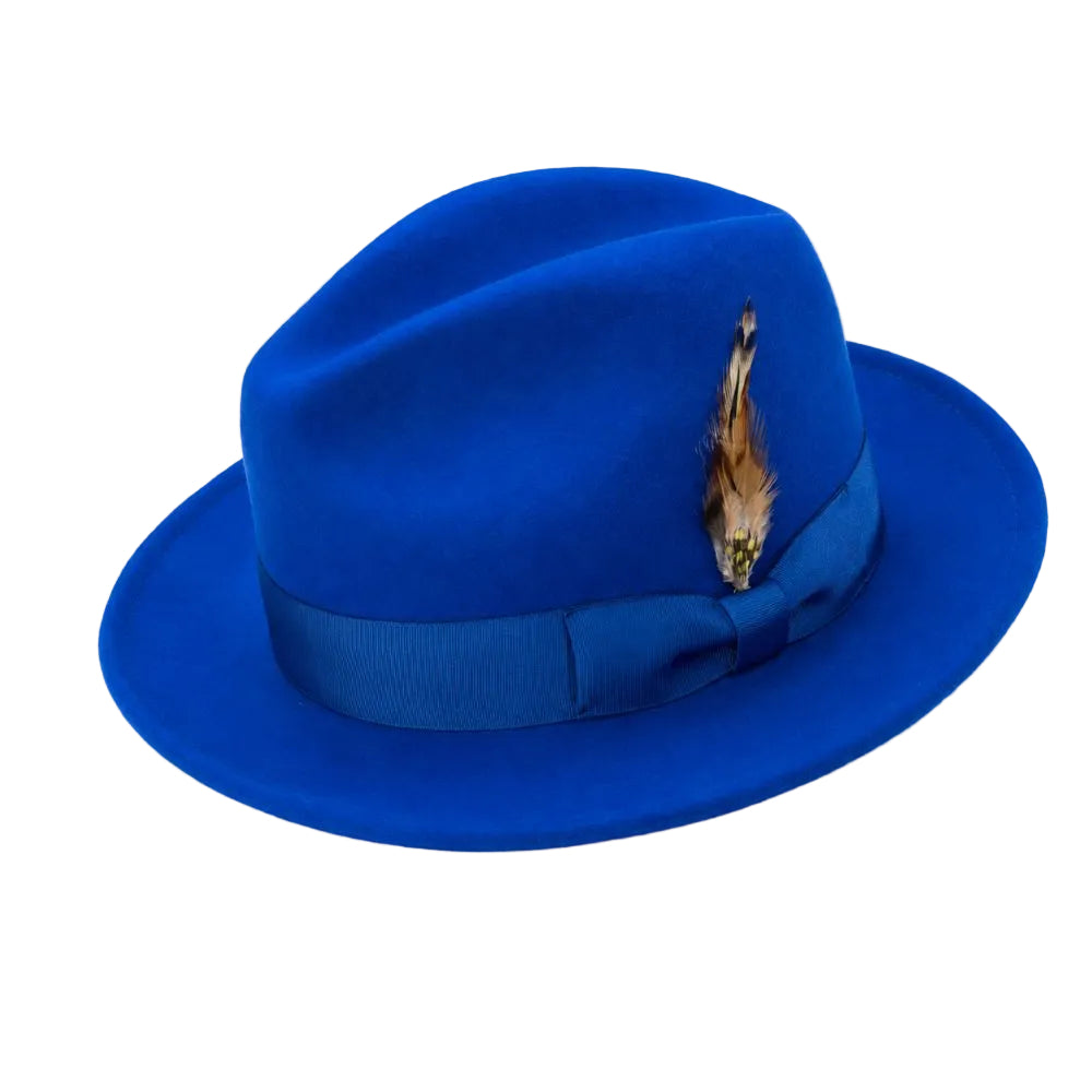 Wool Felt Fedora Pinch Front with Feather Accent in Royal
