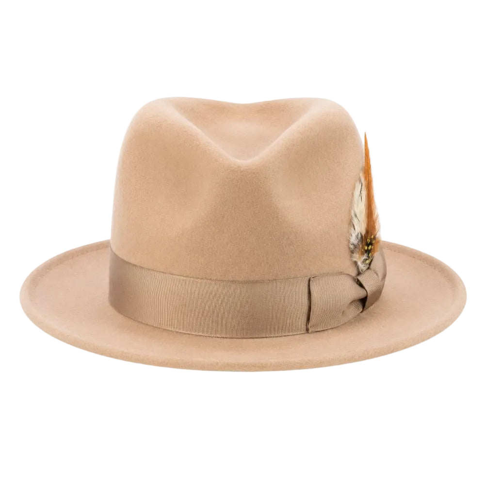 A light tan felt fedora hat with a matching fabric band and bow, decorated with a small brown and white feather on the side, set against a plain white background.
