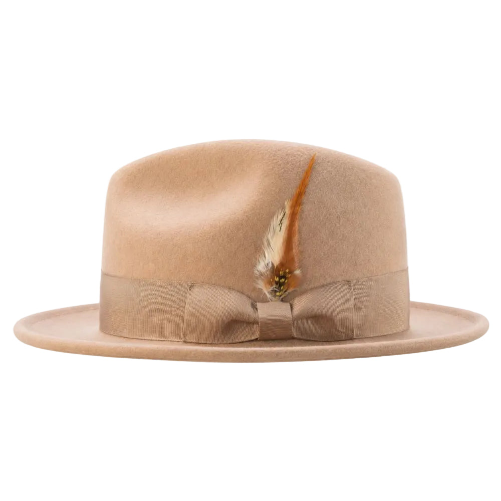 A light tan felt fedora hat with a matching ribbon band and a decorative brown and cream feather accent, shown against a plain white background.