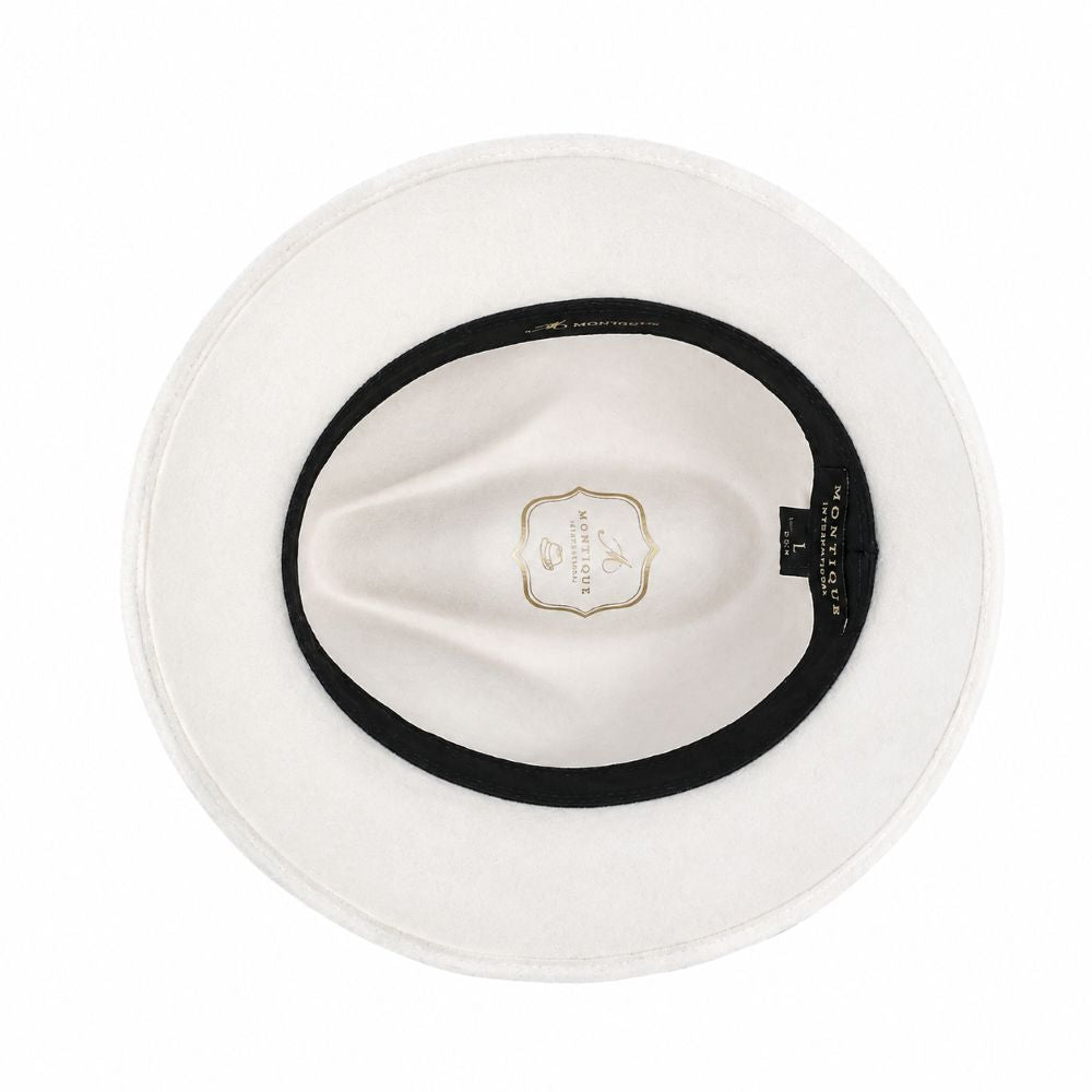 Interior view of off-white wool felt wide-brim fedora with black sweatband and gold logo