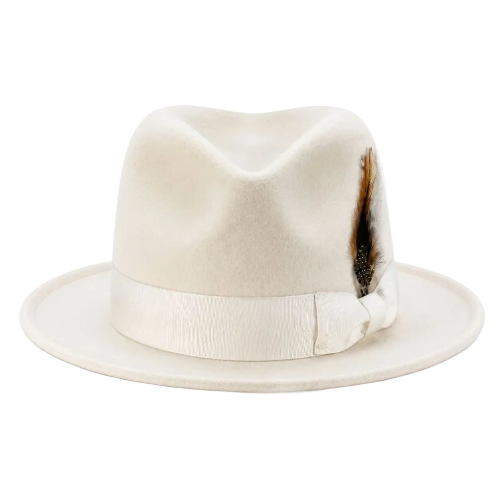 An off-white felt fedora hat with a matching ribbon band and a decorative brown feather accent on the side, shown against a plain white background.