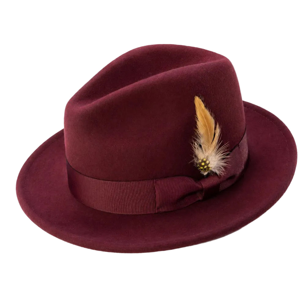 Wool Felt Wide Brim Pinch Crown Fedora - Wine