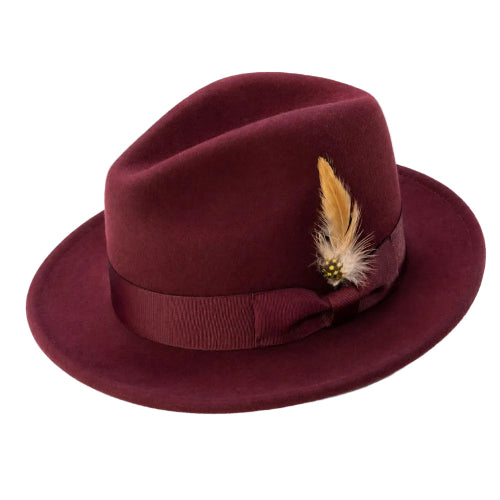 Wine wool felt wide brim pinch crown fedora