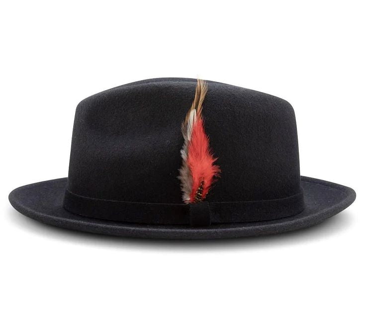 Montique Black Wool Felt Dress Hat with a solid pattern, displaying a center crease and stingy snap brim.