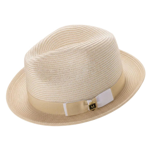 Beige men's two-tone braided pinch fedora with grosgrain ribbon