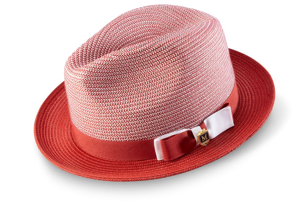 A Montique Crimson Two Tone Braided Pinch Fedora with a Grosgrain Ribbon, shown on a white background.