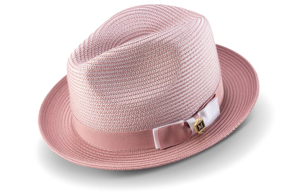 Solid Rose Men's Two Tone Braided Pinch Fedora hat, featuring a grosgrain ribbon band and a pinched crown.